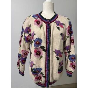 Royal Alpaca 100% Alpaca floral knit chunky sweater button front S